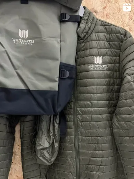 Whitegates Blinds & Co embroidered padded jacket and branded kit bags