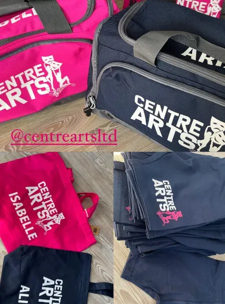 Centre Arts duffel bags, tote bags and named leggings in pink and navy