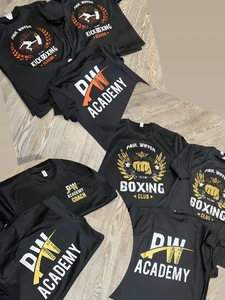 Paul Wiffen Academy boxing and kickboxing tees in black, orange and white